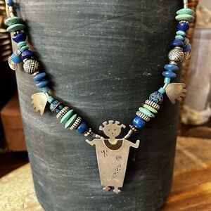 Silver Tribal Pendant Necklace with Blue Beads